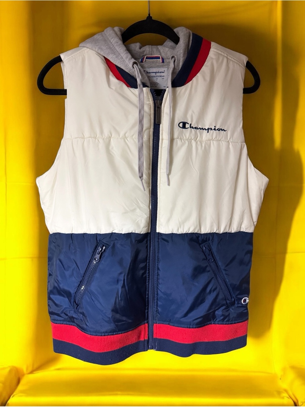 Champion White, Navy & Red Puffer Vest with Hood